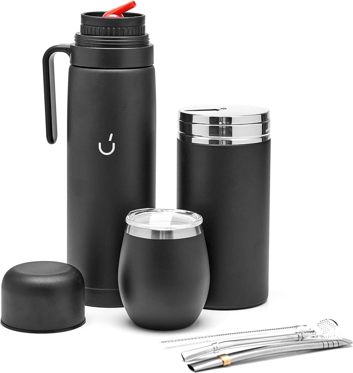Moderne Yerba Mate Kalebas Thermoskan Yerba Mate-Container Yerbero Bombilla Mate-Rietje Reinigingsborstel 304 18 8 Roestvrij Staal (Zwart)