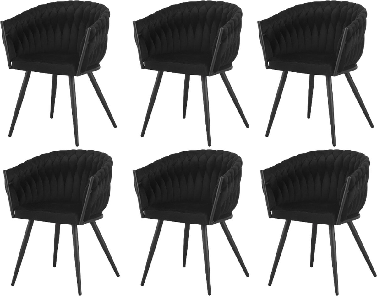 Amelia - Eetkamerstoel - Set van 6 - Zwart - Fluweel - Zwart metaal