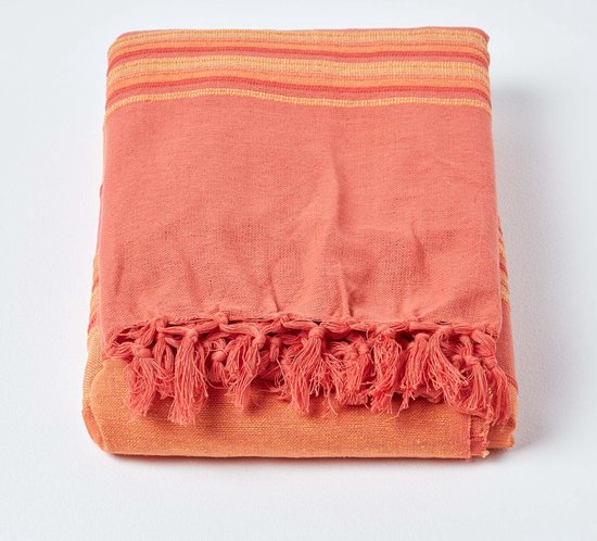 HOMESCAPES Coperta In Cotone Intrecciato A Mano Kashi, 225x255 Cm Con Nappe, Leggera, Per Letto O Divano, Naturale