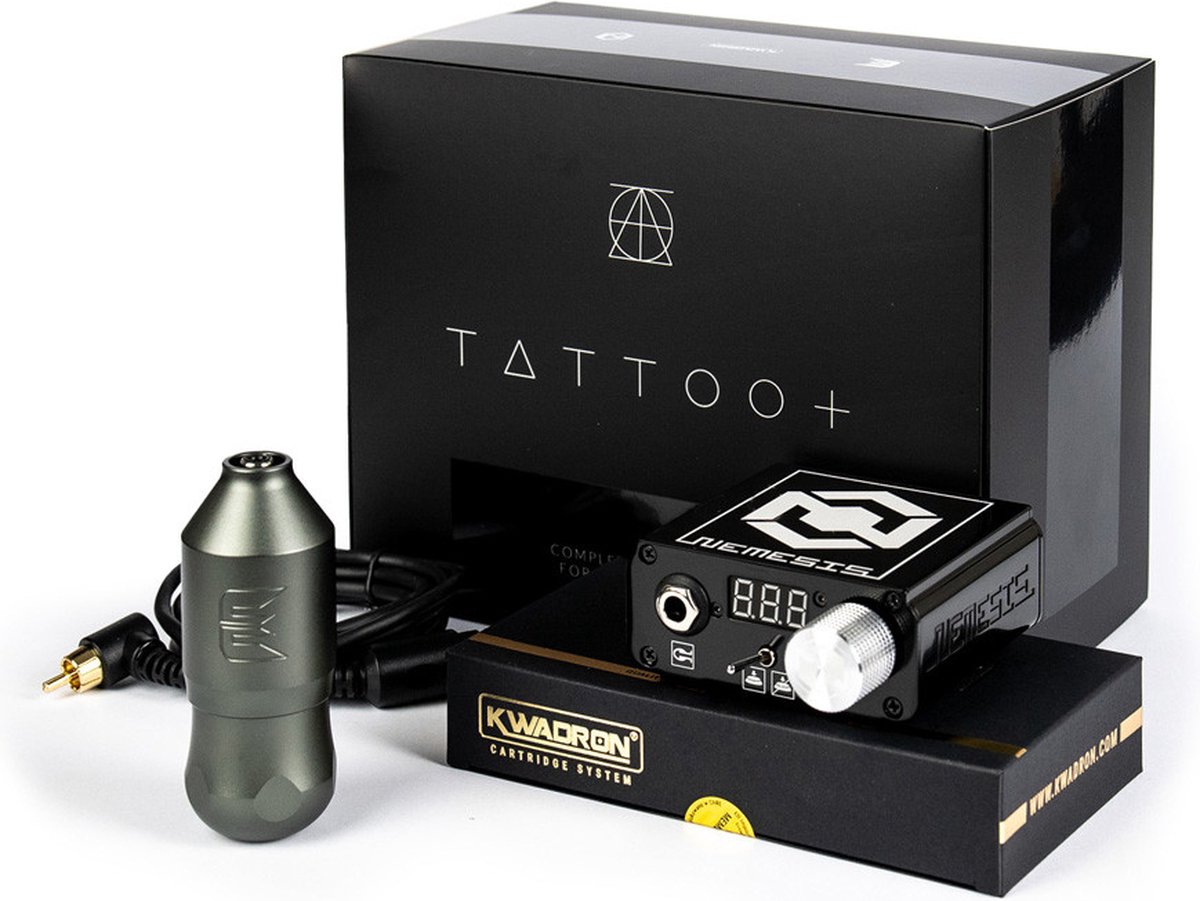 Complete Tattoo Machine Set Equaliser Drop Pen Grey 3.5 + Nemesis Power Supply | Premium Professionele Tattoo Machine | Draadloze Tatoeage Pen | Wireless | PMU Gun | Zelf Tatoeëren Kit | Cartridges | Naalden | Beginner & Gevorderden Set 1RL | 3RL |