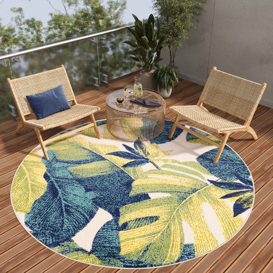 Tapiso Tapis rond pour terrasse, balcon, terrasse, Jardin, vert , Blauw , Plein air, taille – 80 x 80