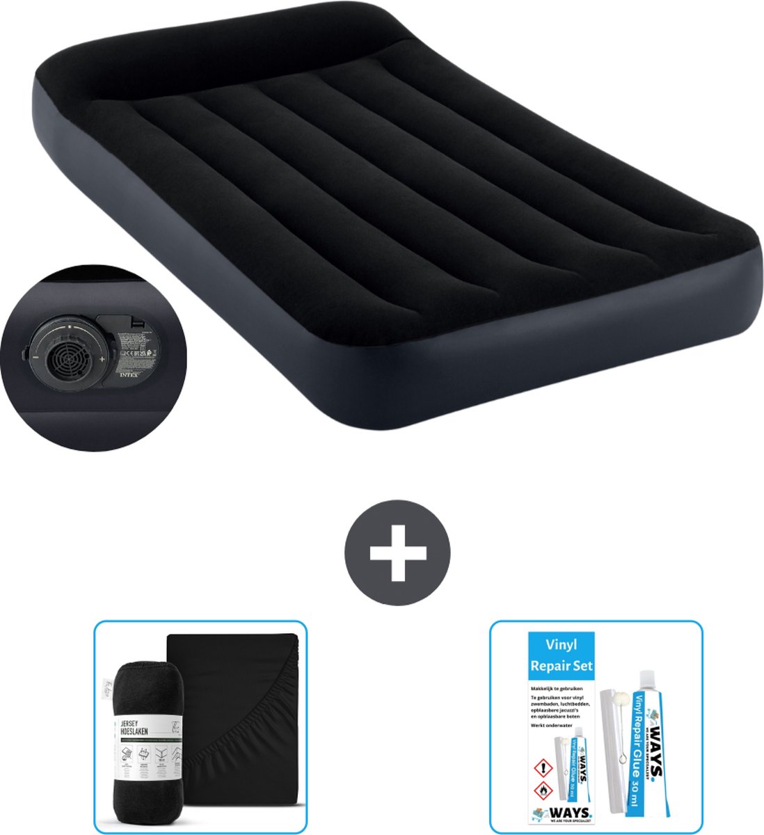 Intex Luchtbed - 1-Persoons - 99 x 191 x 25 cm - Blauw - Met ingebouwde pomp Hoeslaken Zwart en Reparatieset