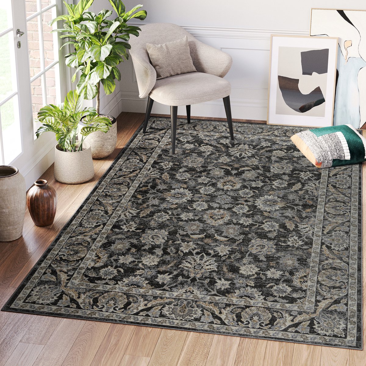 Tapiso Ritz Vloerkleed Grijs Gebloemd Katoen Antislip Woonkamer Tapijt Maat- 80x150