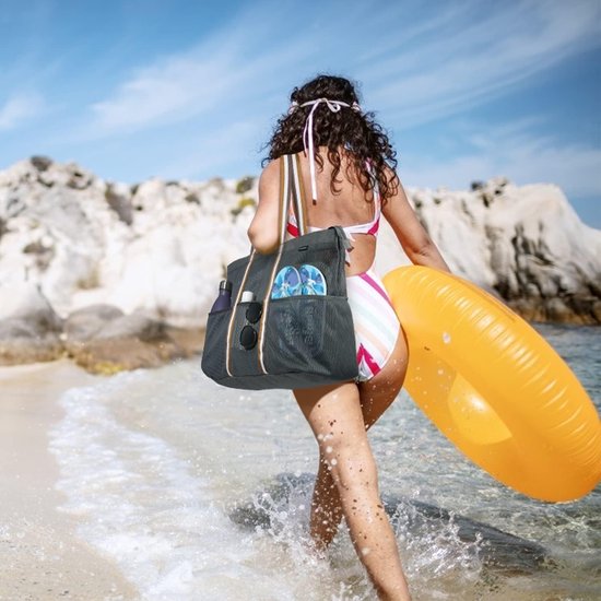 GAGAKU XXXL Strandtas Familie - Extra Grote Mesh Badtas 75 Liter Met Ritssluiting - Zwart/Grijs/Groen