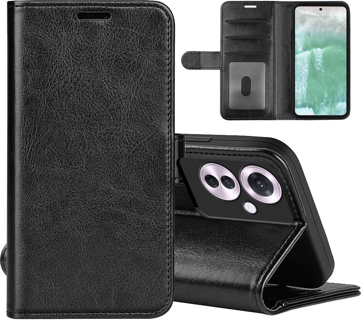 MobyDefend Hoesje - Geschikt voor Oppo Reno 11F - Wallet Book Case (Sluiting Achterkant) - Zwart