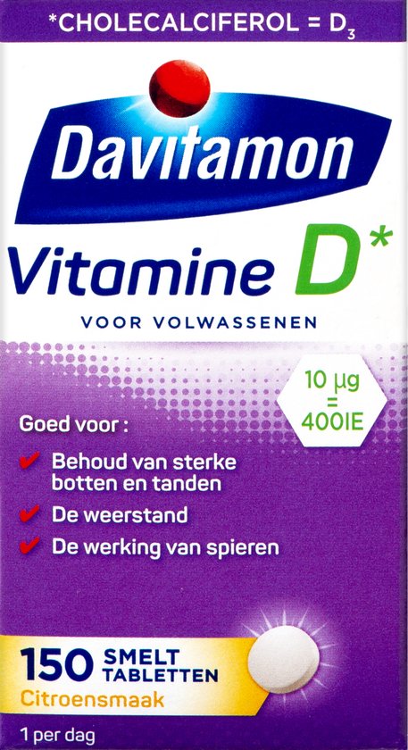 Davitamon Vitamine D3 voor volwassenen. Cholecalciferol=D3. Goed voor botten, tanden en weerstand. 150 smelttabletten citroensmaak.