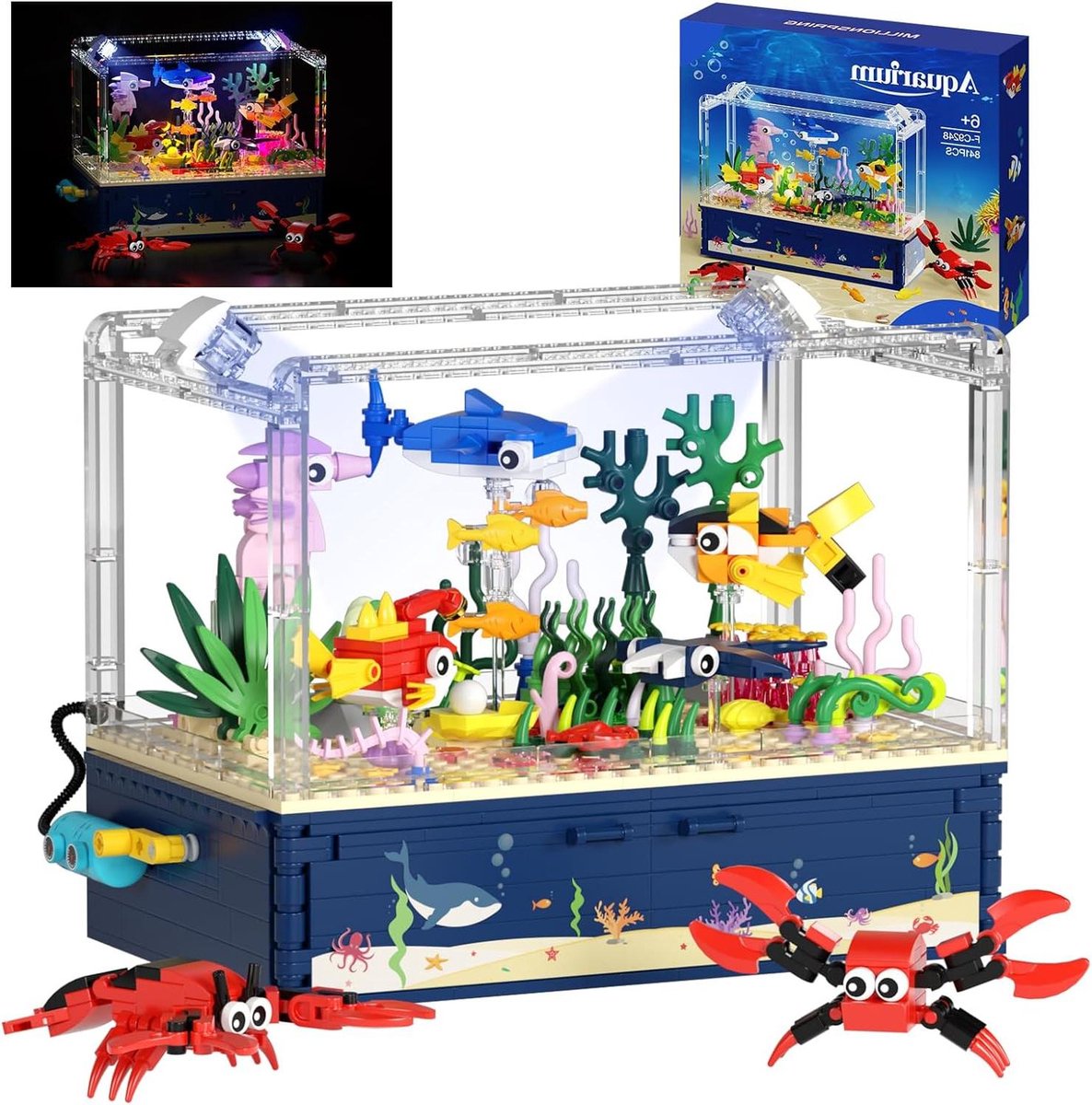 IEEILULU Aquarium De Construction Avec Lumière LED – Tortue Qui Nage, Méduse Tournante, 6 Animaux Marins – Cadeau Éducatif Pour Enfants Et Adultes