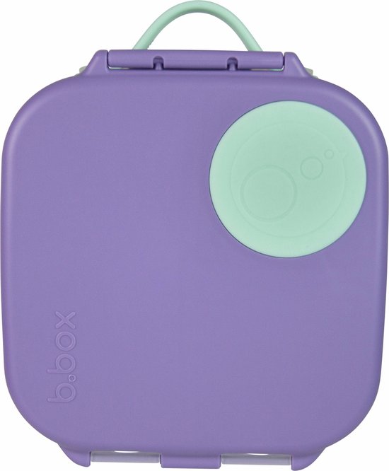 Paarse b.box lunchbox met mintgroene handgreep en sluiting.