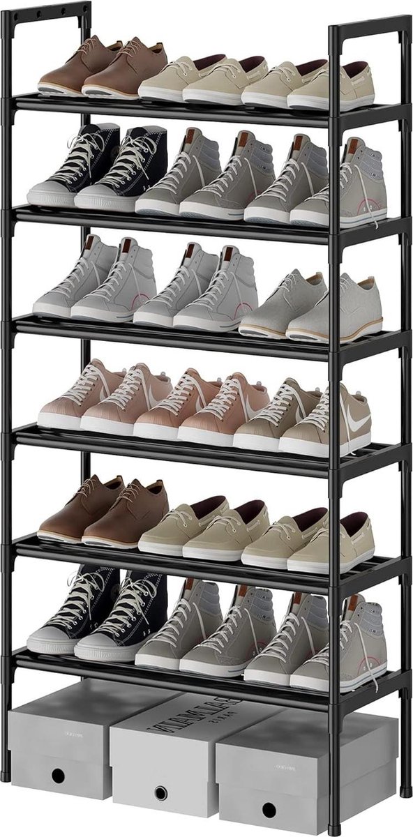 Zwart 16mm Pijp Extra Stevige Schoenenrek - 6 Niveaus Lagen - Hoge Schoenenplank - 12-18 Paar Schoenen - Gang Woonkamer - Afmeting 56 x 30 x 110cm