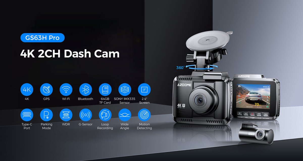 AZDome GS63H Pro 2CH - Voor- en achtercamera dashcam thumbnail 3
