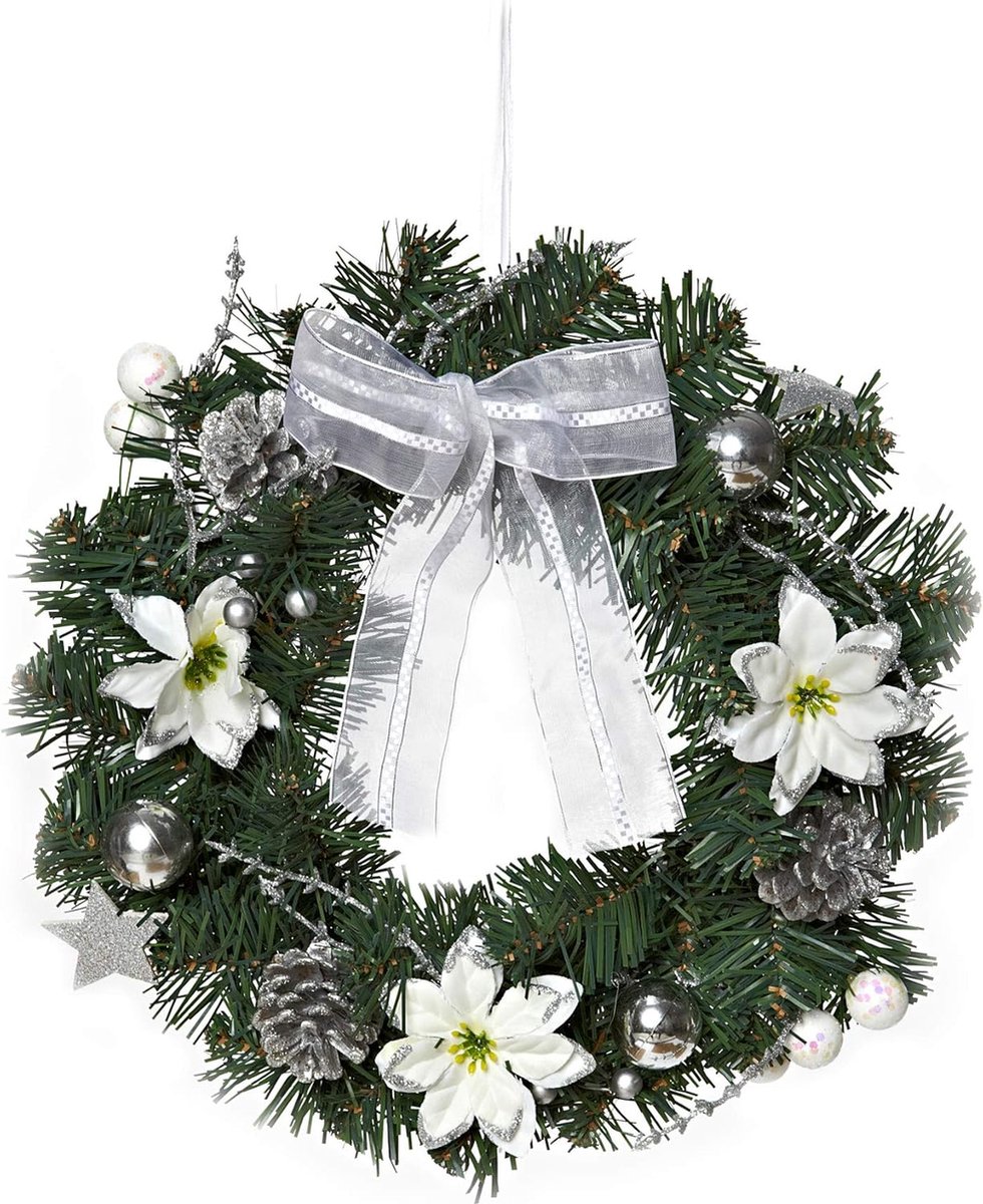 Kerstkrans - deurkrans - wandkrans - Tafelkrans - versierde krans van dennentakken - groen, wit, zilver - 32 x 32 x 10 cm