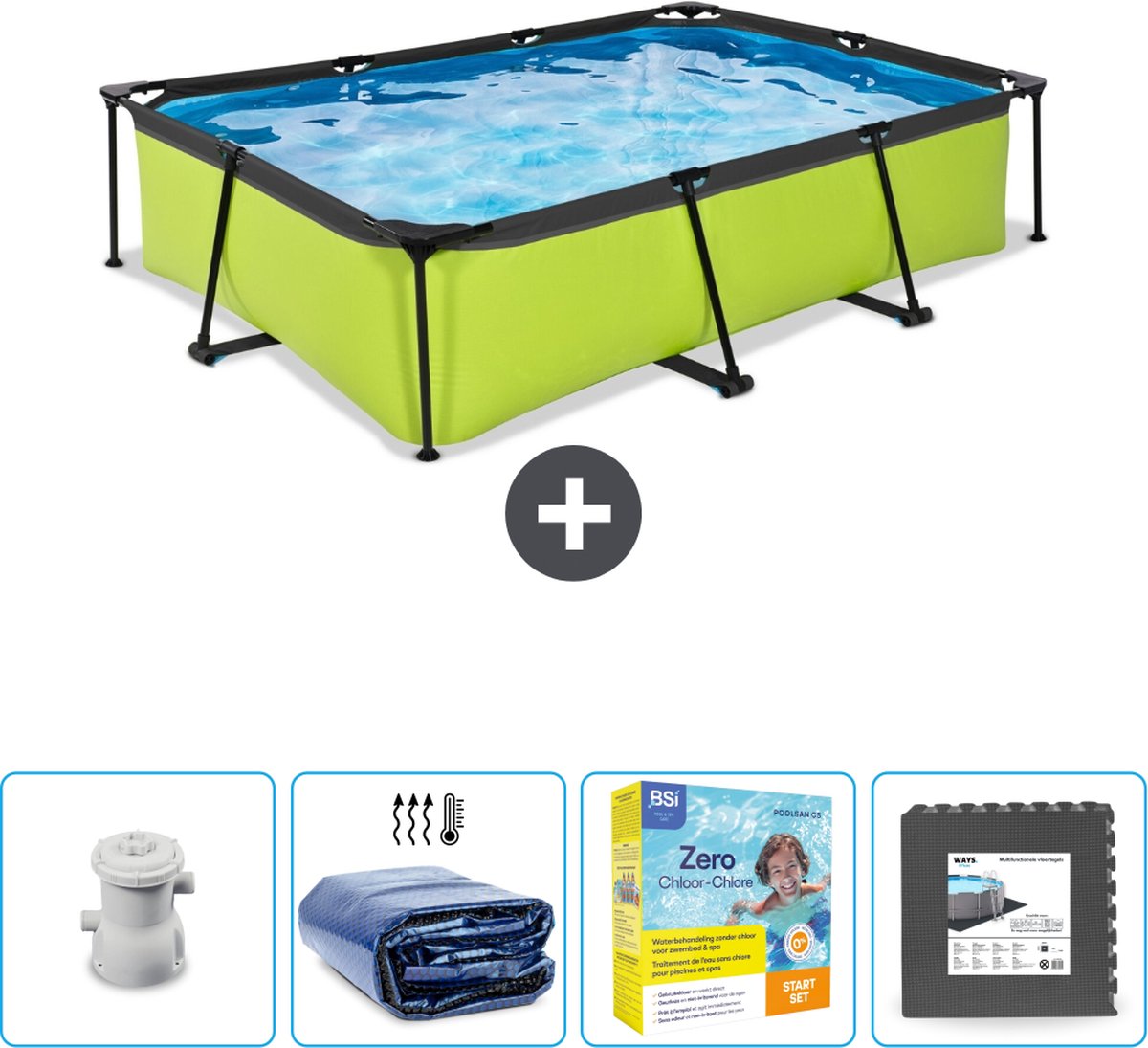 EXIT Rechthoekig Lime Frame Zwembad 300 x 200 x 65 cm Inclusief Pomp Solarzeil Onderhoudspakket Vloertegels Nu extra voordelig