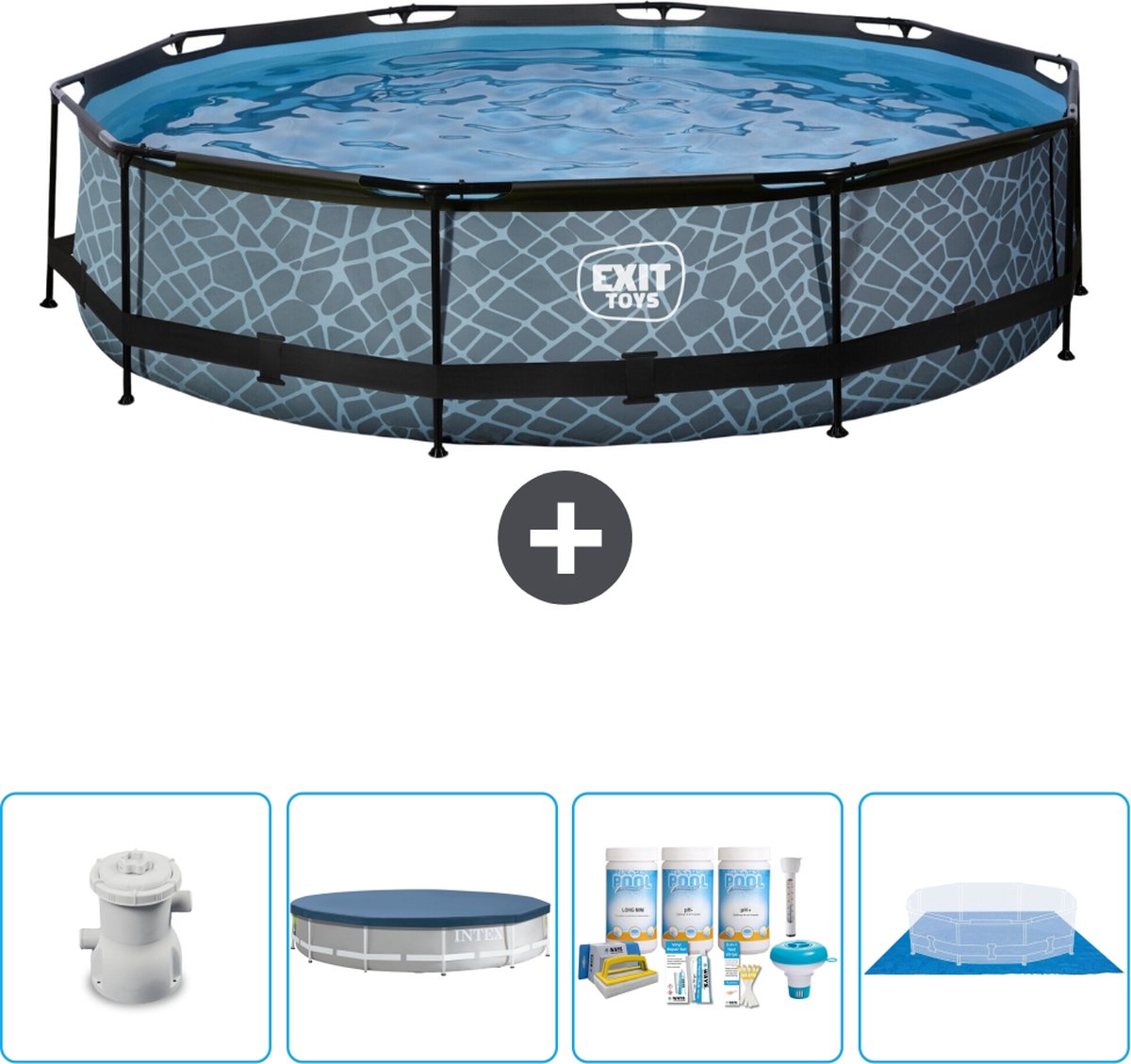 EXIT Rond Stone Frame Zwembad - 360 x 76 cm - Inclusief Pomp Afdekzeil - Onderhoudspakket - Grondzeil - Nu extra voordelig