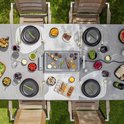Buitenfeest met raclette-grill, gegrilde vlees, vis, groenten en salade op tafel.