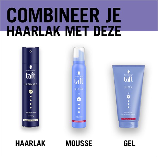Een donkerblauwe bus Taft Ultimate Haarspray, een blauwe bus Taft Ultra Mousse en een blauwe tube Taft Ultra Styling Gel.