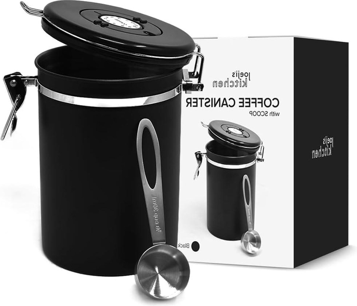 Koffieblik voor koffiebonen of poeder Luchtdicht roestvrij staal 1800 ml inhoud Behoud van aroma en frisheid Maatlepel zwart