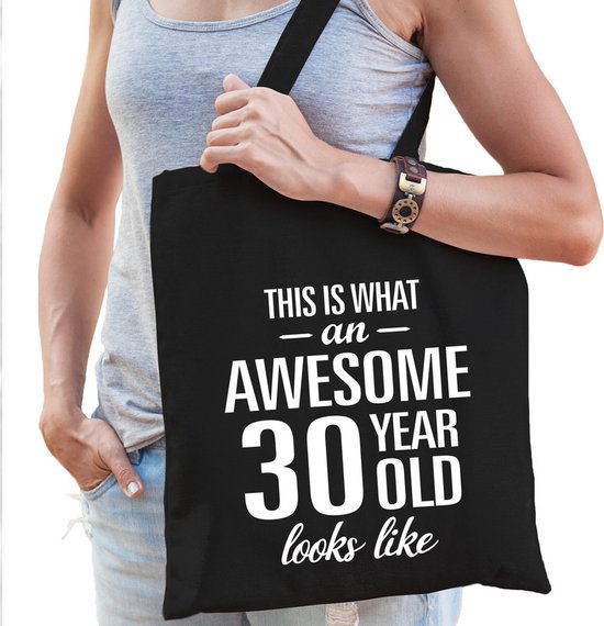 Awesome 30 year / geweldig - 30 jaar cadeau tas - zwart - voor dames - kado tas / verjaardag tasje / shopper