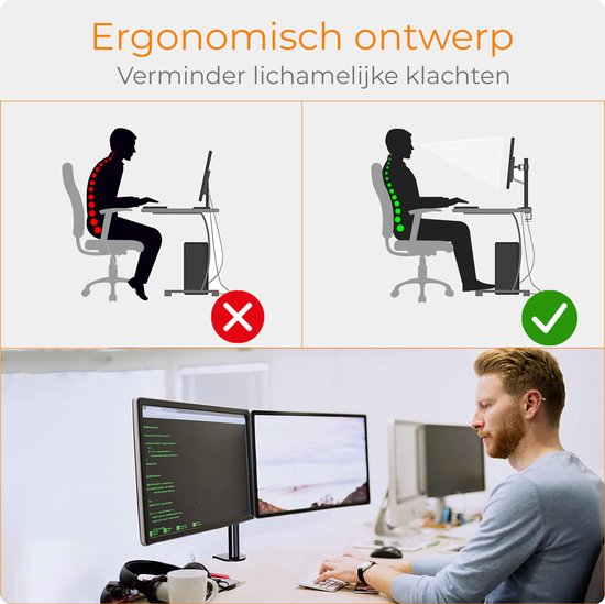 Ergonomisch ontwerp monitorarm: goede zithouding versus slechte zithouding.