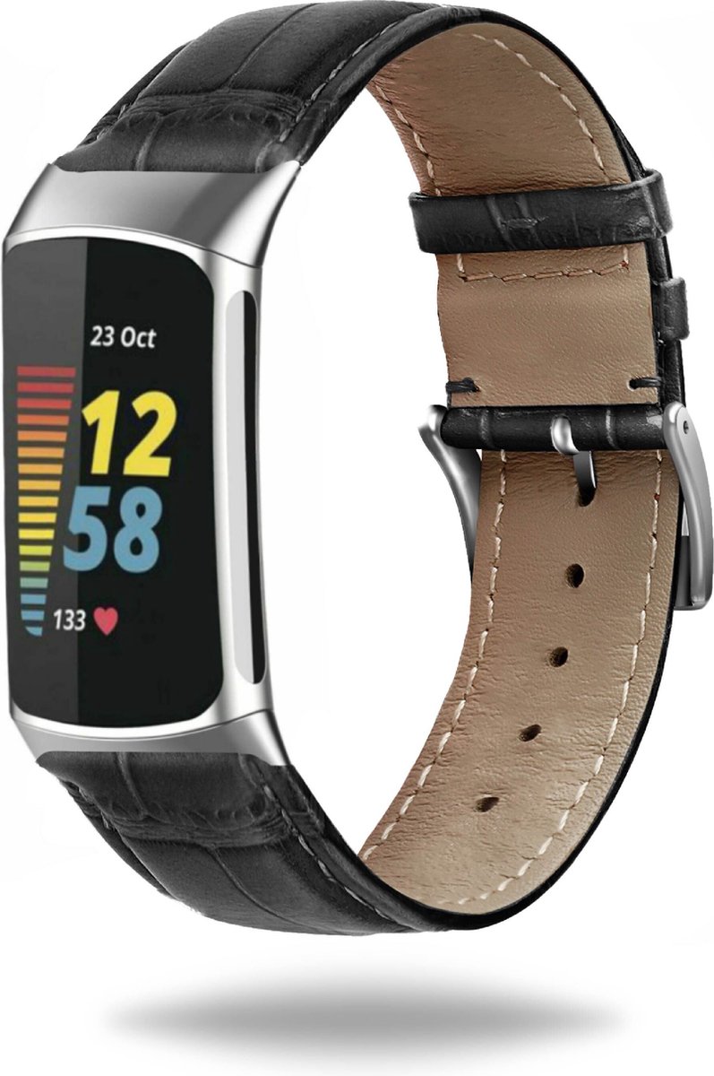Elysian horlogebandje geschikt voor Fitbit Charge 5 / Charge 6 - Echt Leer - Zwart - 18mm - Quick Release - Verstelbaar