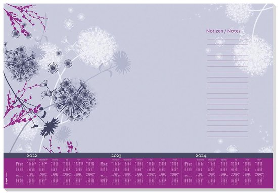 Sous-main lilas avec bordure violette, calendriers 2022-2024, et images de fleurs violettes et blanches écloses. 'Notizen / Notes'.