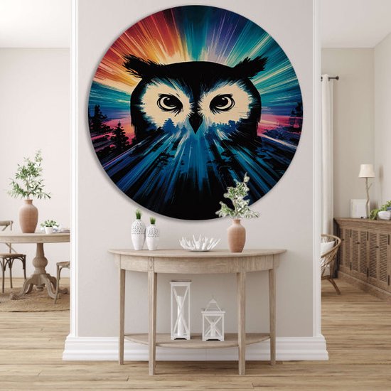 Uil muurcirkel - Dieren schilderij - Wanddecoratie rond Kleuren - Muurdecoratie landelijk - Schilderij rond - Wanddecoratie slaapkamer muurcirkel aluminium 50x50 cm