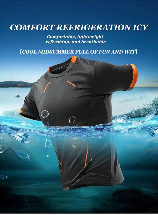 Donkergrijs sportshirt met oranje accenten, drijvend in water met bubbels en vissen. Boven de tekst 'COMFORT REFRIGERATION ICY'.