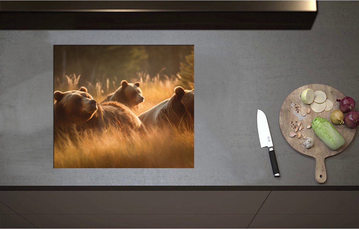 Inductieplaat Beschermer - Bruine beren in bruin gekleurd hoog gras - 59x52 cm - 2 mm Dik - Inductie Beschermer - Bescherming Inductiekookplaat - Kookplaat Beschermer van Wit Vinyl