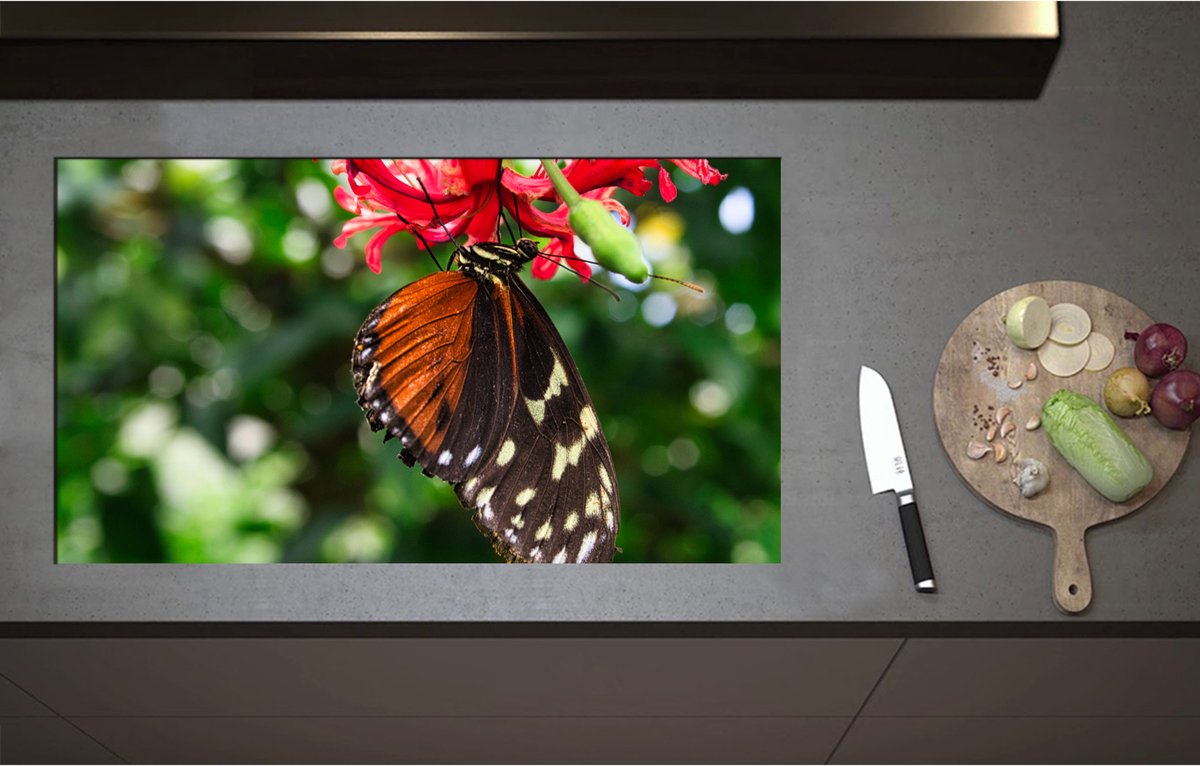 Inductieplaat Beschermer - Bruin met Zwarte Vleugels van Vlinder op Rode Bloeiende Bloem - 90x51 cm - 2 mm Dik - Inductie Beschermer - Bescherming Inductiekookplaat - Kookplaat Beschermer van Wit Vinyl