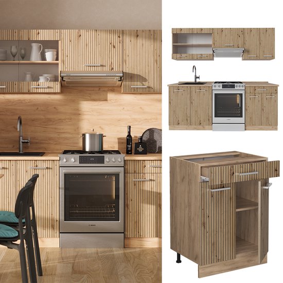 Vicco Elément de cuisine complet R- Line, Chêne artisanal/Chêne Gold Kraft/Chêne doré puissant, 200 cm sans plan de travail