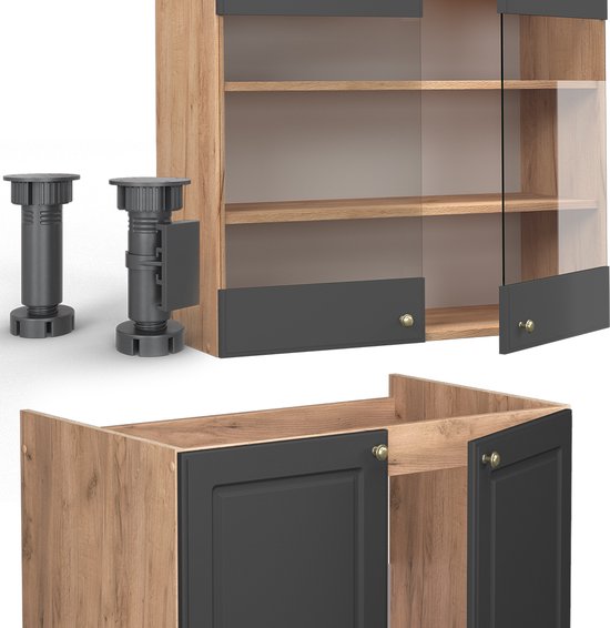 Vicco Fame- Line Meuble de cuisine complet – 200 cm, WB Chêne Anthracite Country House/ Goud Kraft Oak, WB Chêne