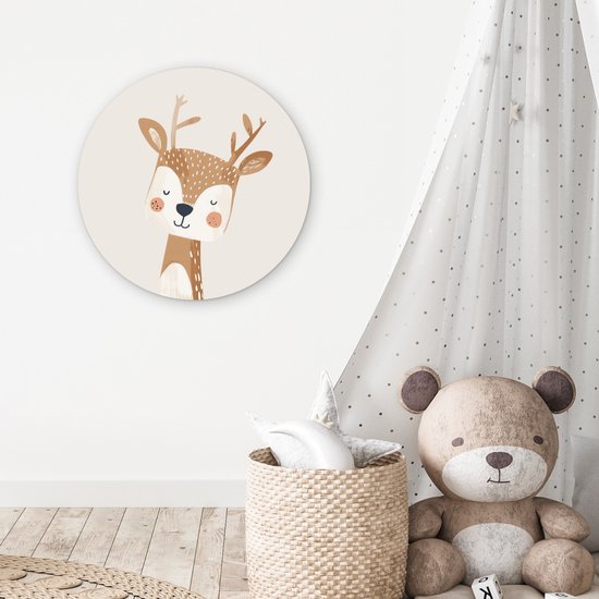 WallCircle® Wandcirkel 60x60 cm - Muurcirkel Hert - Bosdieren - Beige - Kinderkamer - Babykamer - Kinderen - Muurdecoratie woonkamer - Wanddecoratie slaapkamer - Kamer decoratie accessoires - Ronde schilderijen - Woonaccessoires