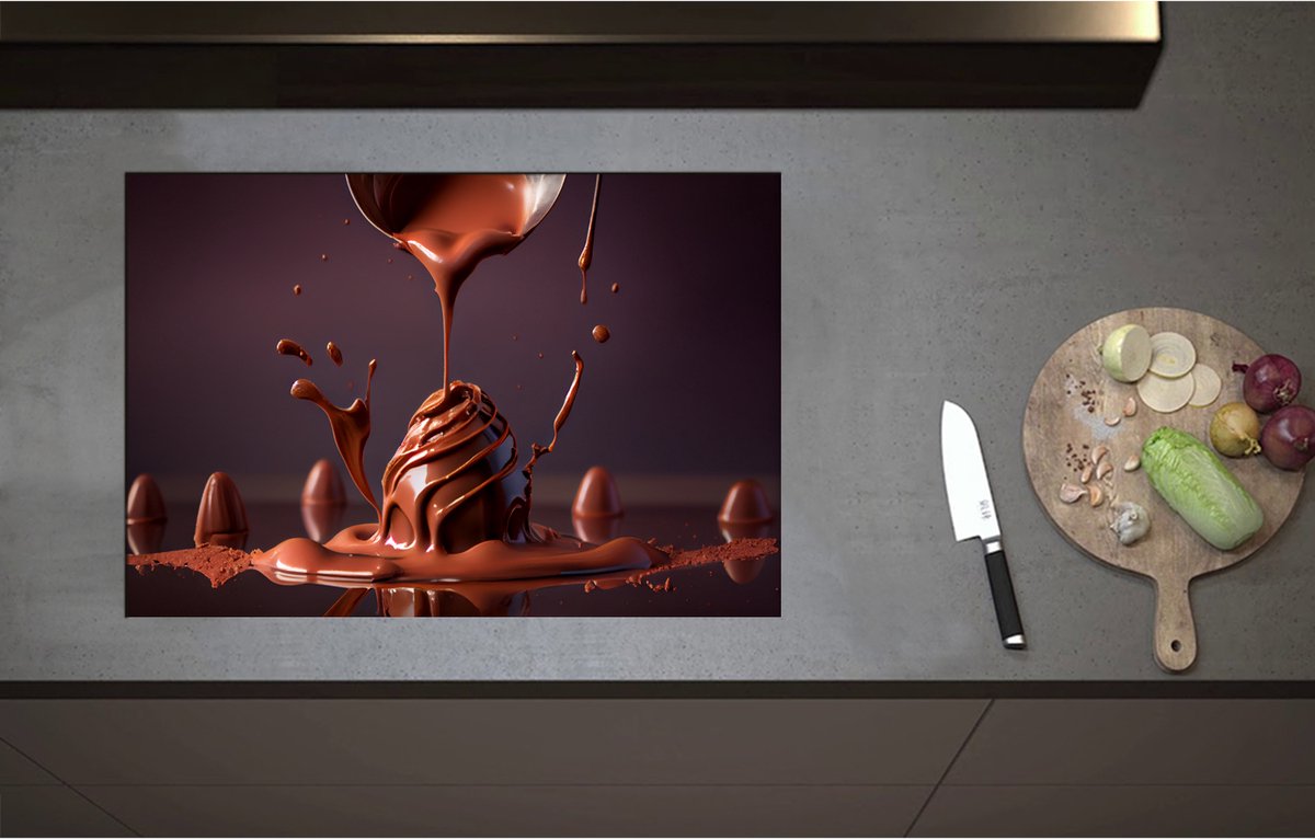 Inductieplaat Beschermer - Chocolade Eieren met Vloeibare Chocolade Erover heen - 75x51 cm - 2 mm Dik - Inductie Beschermer - Bescherming Inductiekookplaat - Kookplaat Beschermer van Zwart Vinyl