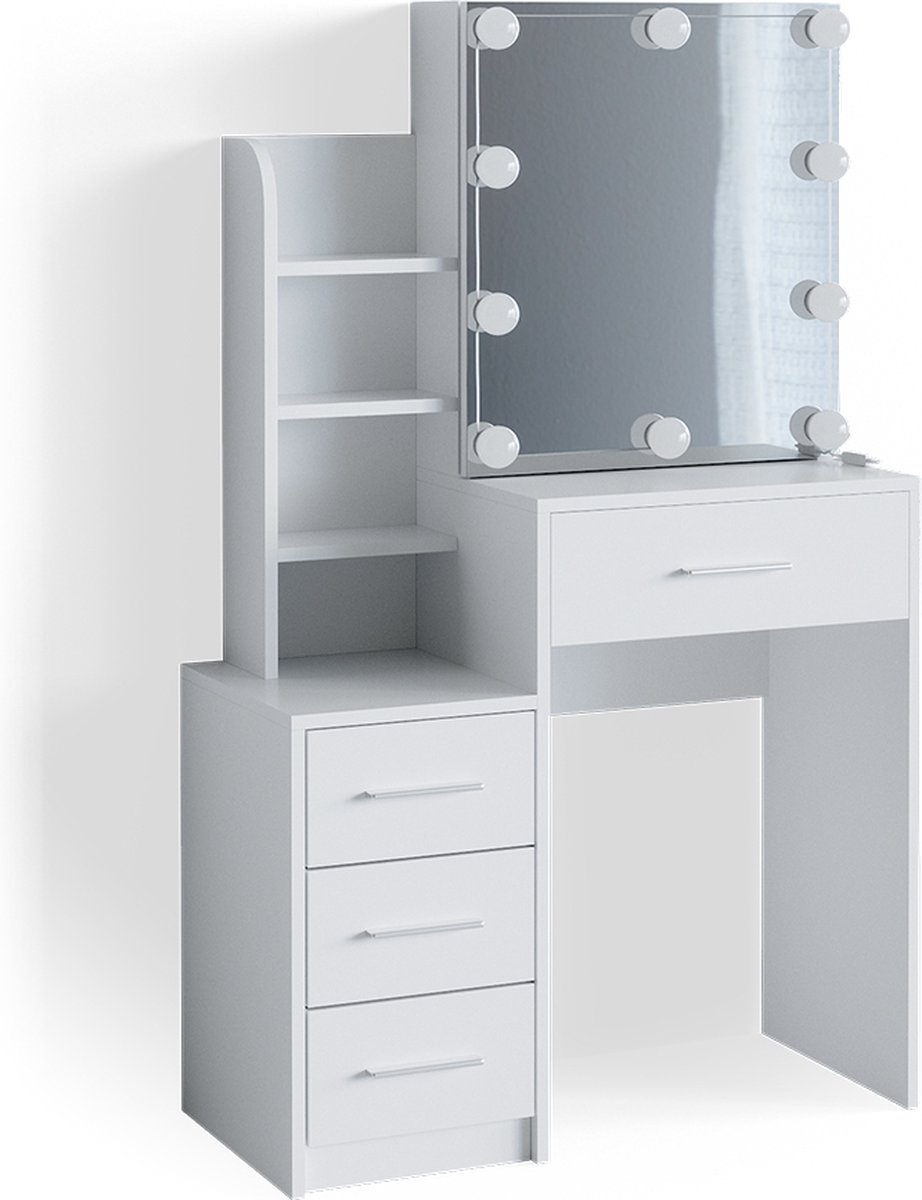 Vicco Kaptafel met licht Conrada, Wit, 80 cm met spiegel en LED-lichtslinger