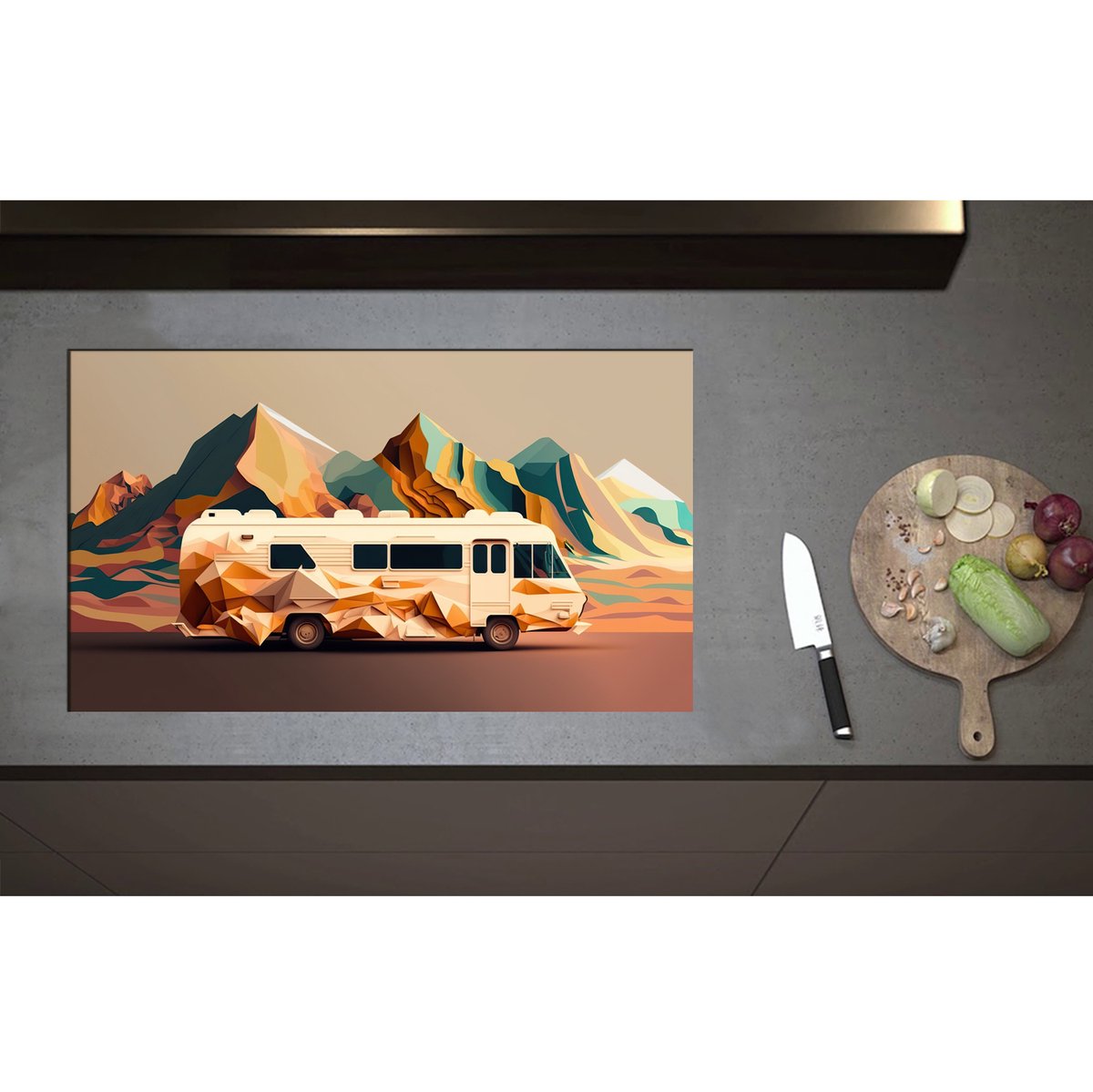 Inductieplaat Beschermer - Camper van Abstracte Vormen tegen Berg van Abstracte Vormen - 85x50 cm - 2 mm Dik - Inductie Beschermer - Bescherming Inductiekookplaat - Kookplaat Beschermer van Zwart Vinyl