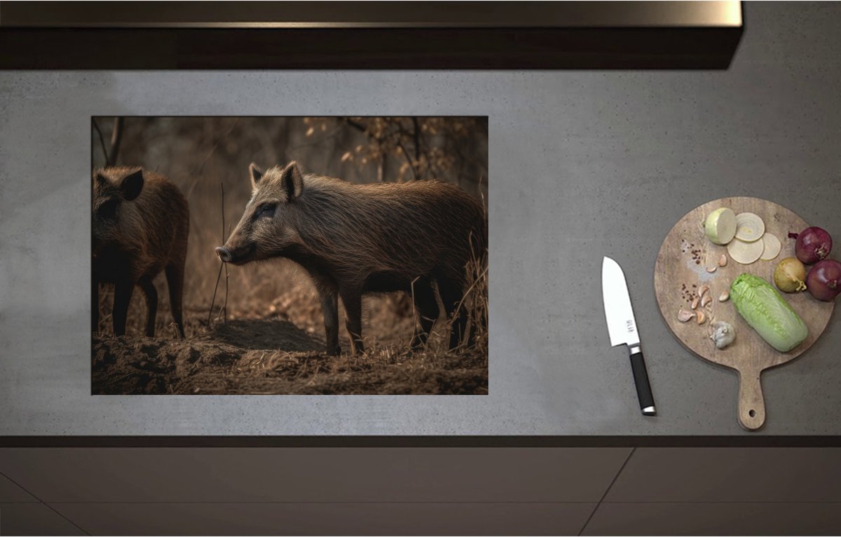 Inductieplaat Beschermer - Bruine zwijnen in een bos omgeving - 71x50 cm - 2 mm Dik - Inductie Beschermer - Bescherming Inductiekookplaat - Kookplaat Beschermer van Wit Vinyl