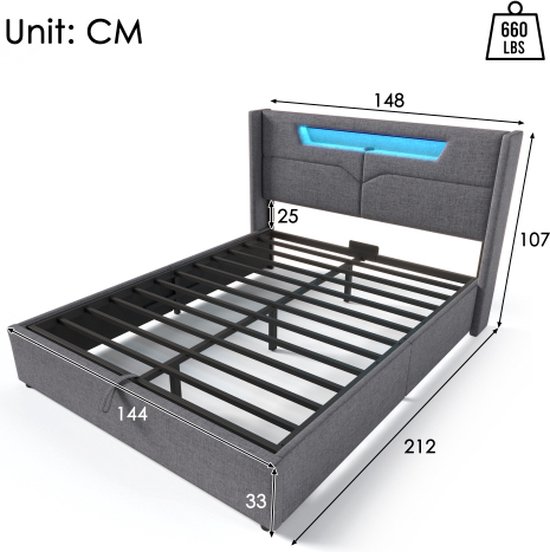 Gestoffeerd bed 140x200, led tweepersoonsbed met USB type C oplaadfunctie en 4 laden, bed tienerbed opbergbed functioneel bed rugleuning plat jeugdbed, linnen, zonder matras (beige, 140 x 200 cm