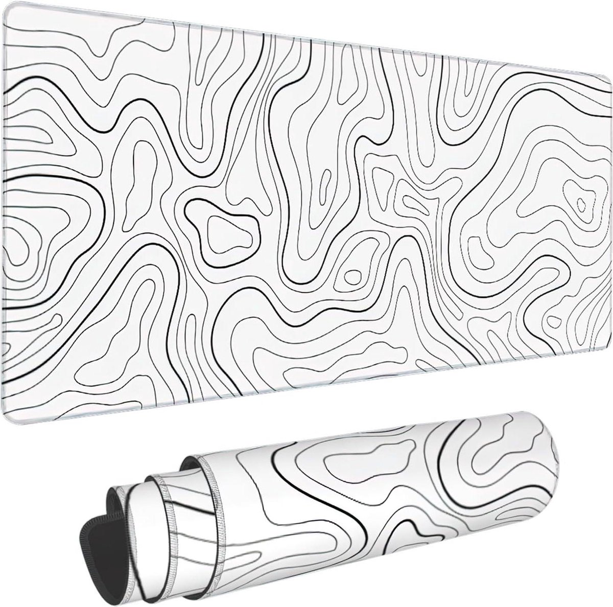 Witte topografische contourkaart bureaumat voor gaming - extra groot 354 x 157 inch - antislip basis - gestikte rand - lange muismat voor computer toetsenbord