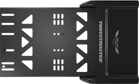 Bovenaanzicht van een zwarte metalen Thrustmaster Flying Clamp tafelklem met gatenpatroon.