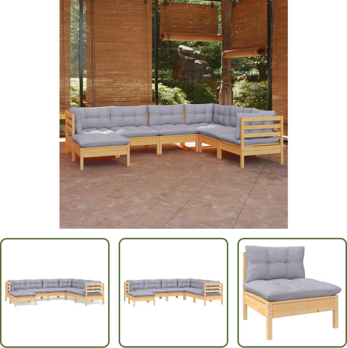 The Living Store 7-delige Loungeset met grijze kussens massief grenenhout - Loungeset - Tuinset - Houten Lounge - Buitendecoratie - Terrasdecoratie