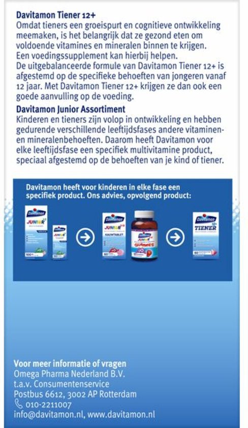 Achterkant van de Davitamon Tiener verpakking met uitleg over het product en assortiment.