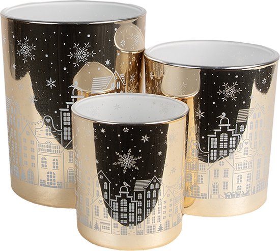 Clayre & Eef Theelichthouder Set van 3 Goudkleurig Glas Huizen