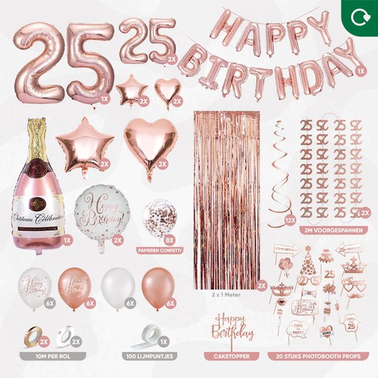 Fissaly 25 Jaar Rose Goud Verjaardag Decoratie Versiering – Feest - Helium, Latex & Papieren Confetti Ballonnen