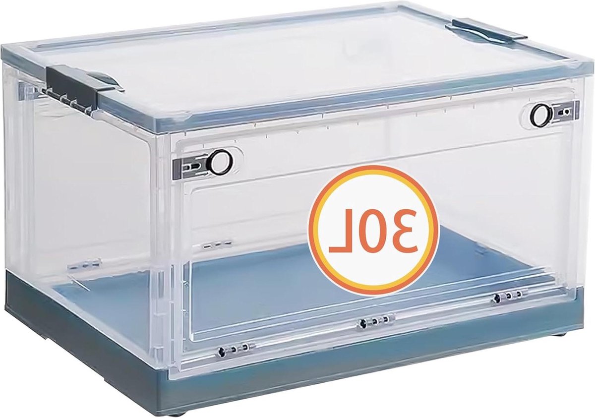 Opbergdoos 30 liter transparant - opvouwbaar - stapelbaar - met wielen - blauw