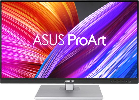 ASUS ProArt monitor met een levendige abstracte achtergrond op het scherm en een zilverkleurige standaard.