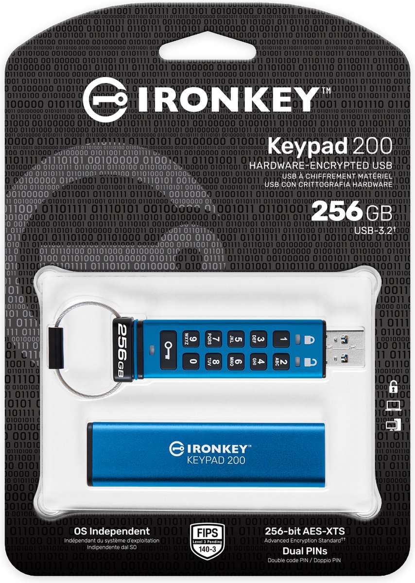 Kingston Technology IronKey 256GB Keypad 200, FIPS 140-3 Lvl 3 AES-256 versleuteld