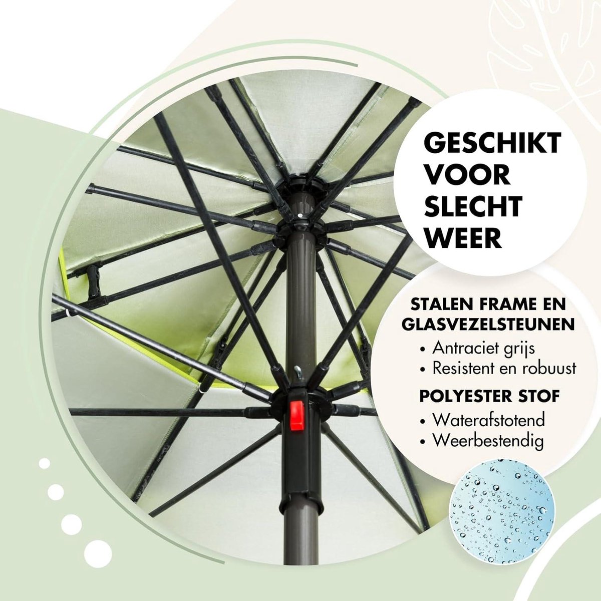 Strandparasol Windprofi 200cm appelgroen windklep UV-bescherming opvouwbaar- strand of balkon gebruik - hoogte verstelbaar Strandparasol
