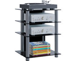 VCM hifi-kasten, platenspelerkast, stereokast, hifi-rekken, routerstandaard, hifi-rekken en -standaards, witte platenspelerstandaard, draaitafelstandaard met opbergruimte voor vinylplaten, platenspelermeubel, glazen tv-meubel, mediameubel