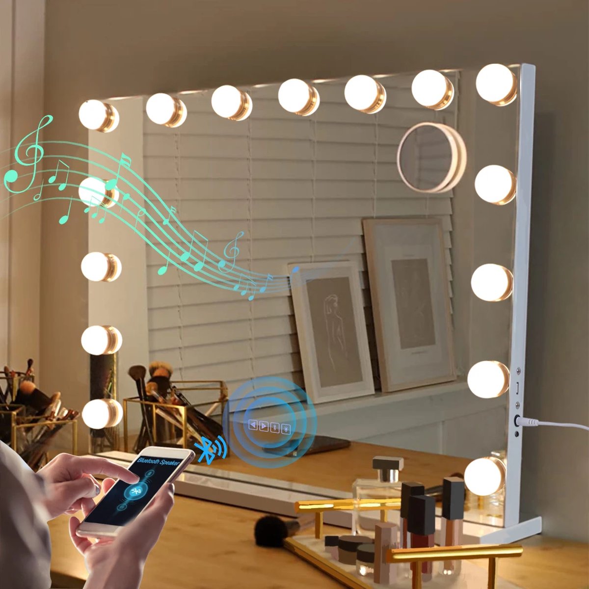 Instinct® Make-up spiegel met verlichting - met bluetooth - LED Verlichte Spiegel met 15 Dimbare Lampen voor Kaptafel