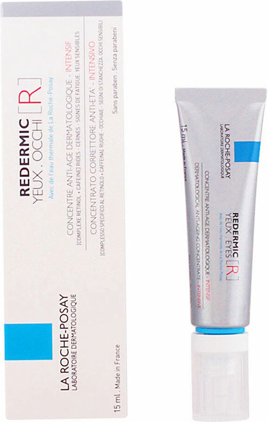 Doosje en tube La Roche-Posay Redermic Yeux Oogconcentraat met tekst in het Frans en Italiaans.