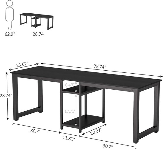 Bureautafel met plank, computertafel, pc-tafel, 4 planken aan de